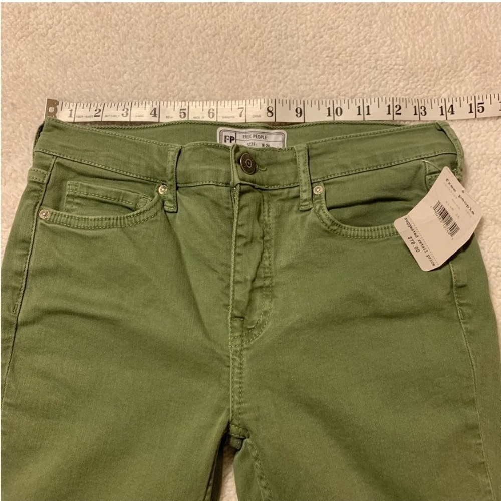 Free People High Rise Busted Olive Green Distressed Skinny Jeans - Picture 9 of 15